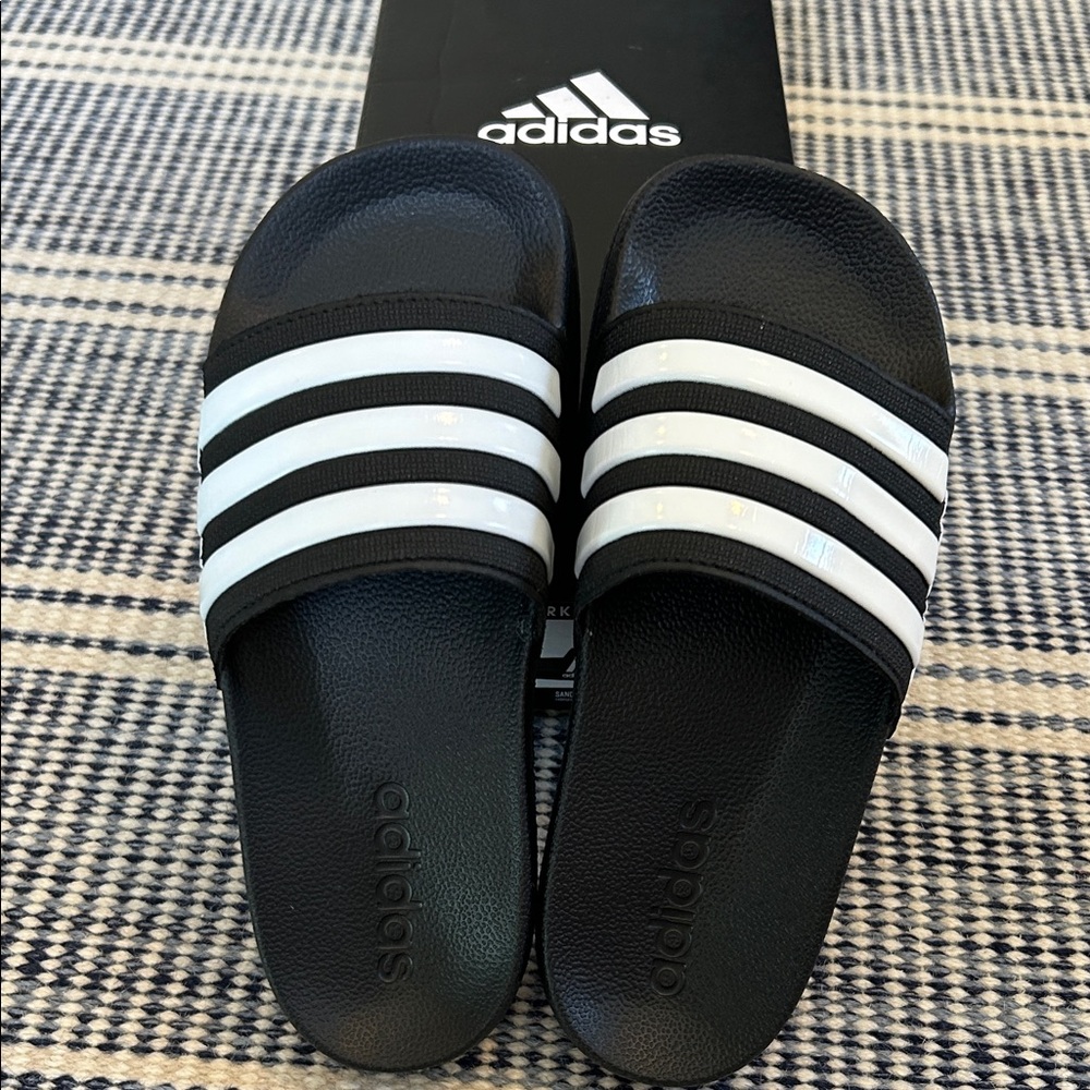 Adidas Black and White Striped Slides